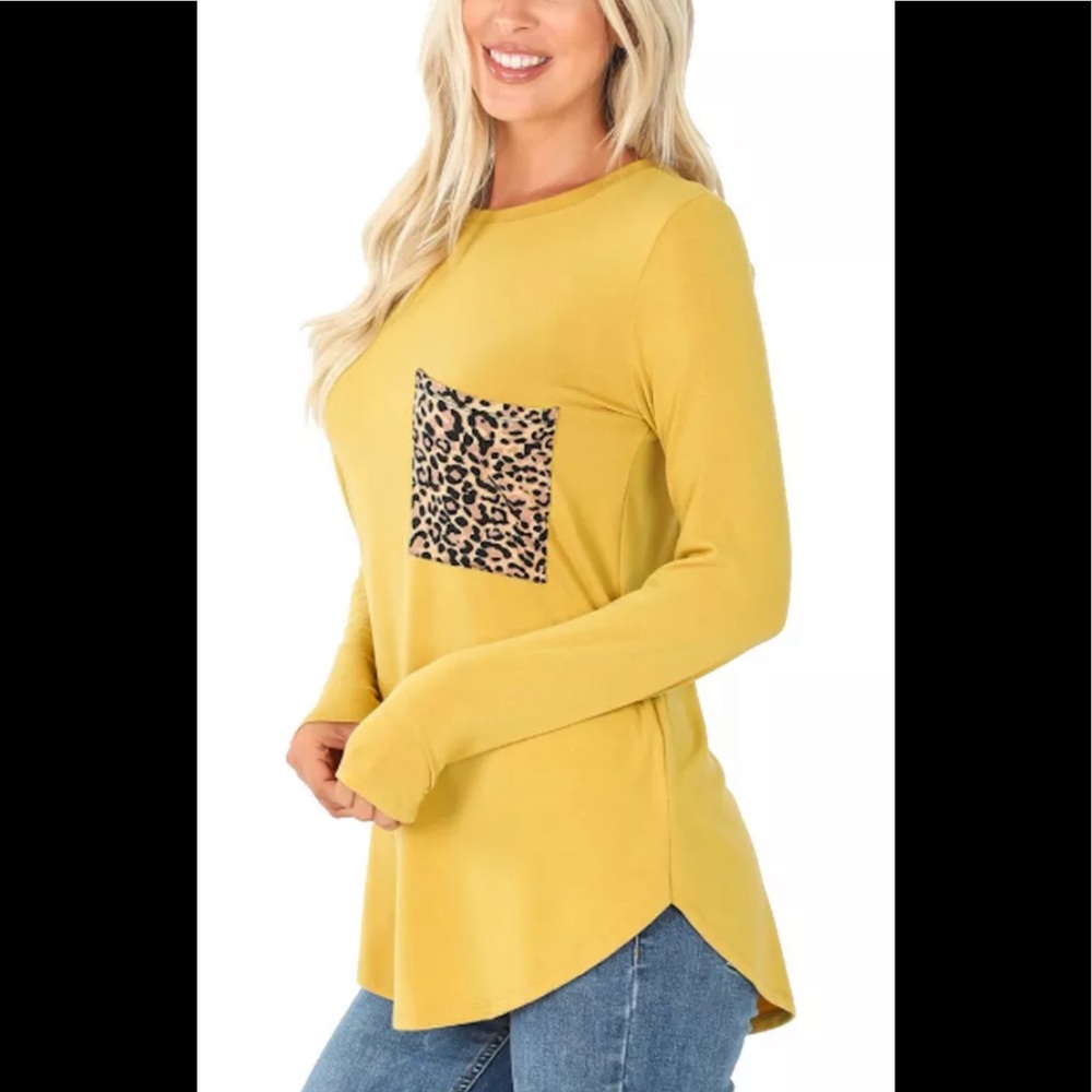 Women’s Plus Size Mustard Long Sleeve Round Neck Tee Shirt Top with Pocket 1x-3x